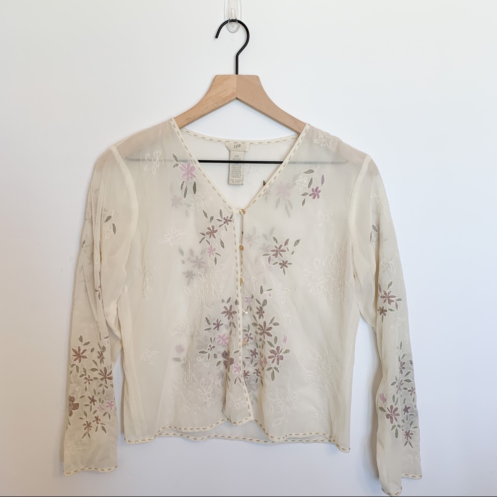J. Jill Silk Mesh Floral Embroidered Cardigan